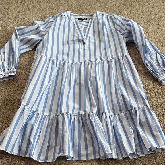 J.CREW Tiered Organic Cotton Poplin Long Sleeve Mini Dress Blue Barrie Stripe - Picture 7 of 11